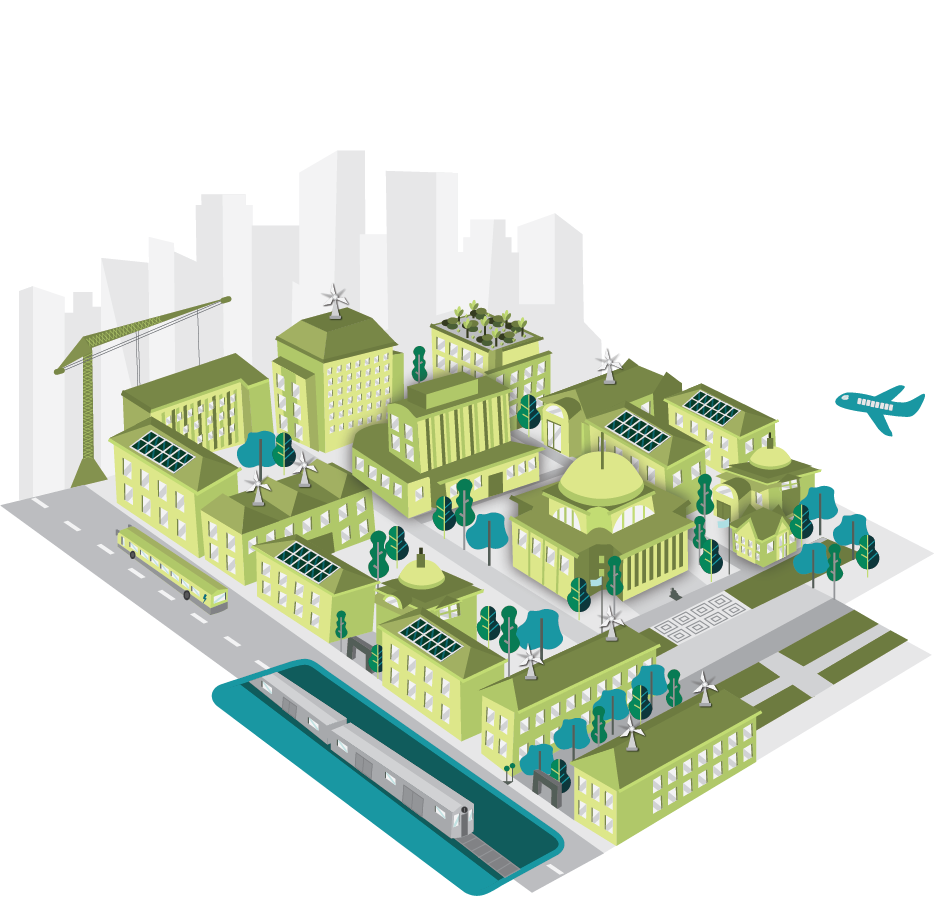 "Green Campus" illustration: An imagining of what Columbia's Morningside Campus would look like from above with solar panels and wind turbines. Each of the buildings is green in color to represent Columbia's efforts to utilize green energy to power campus, with the goal of net zero emissions by 2050.